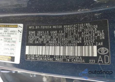 2007 Toyota Corolla Matrix Xr z USA, uszkodzony, nr VIN 2T1KR32E07C648480